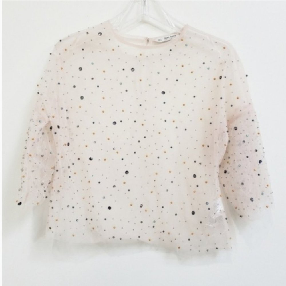 NWOT Zara Tulle/Sheer Blouse with Colorful Beading, & crystals